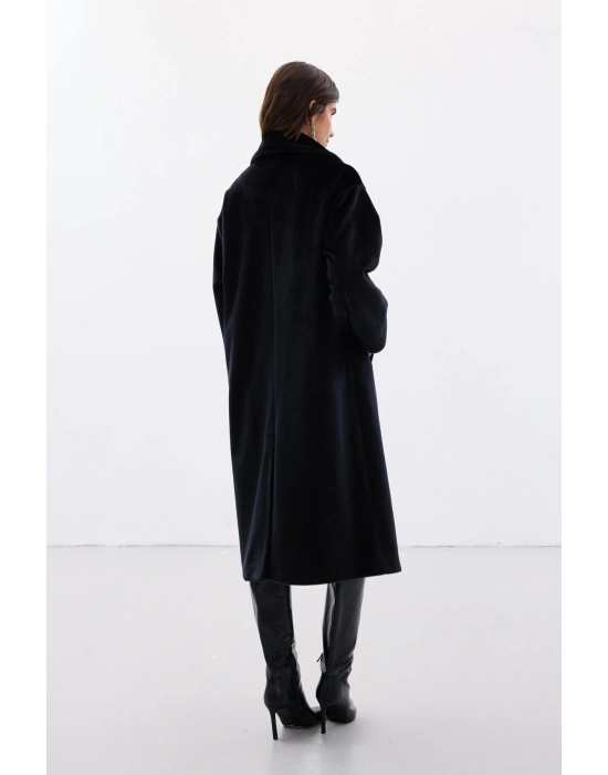 Düğme Detaylı Uzun Kaban - Siyah