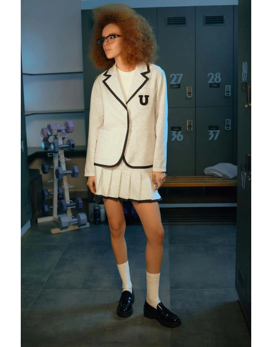 Biye Detaylı Nakışlı Blazer Ceket Gri