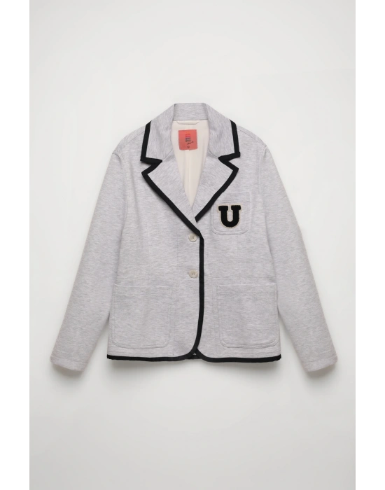 Biye Detaylı Nakışlı Blazer Ceket Gri