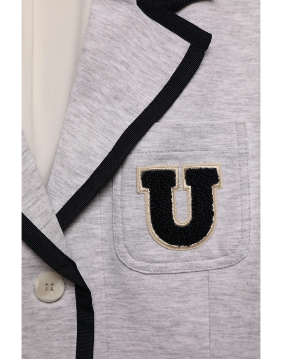 Biye Detaylı Nakışlı Blazer Ceket Gri