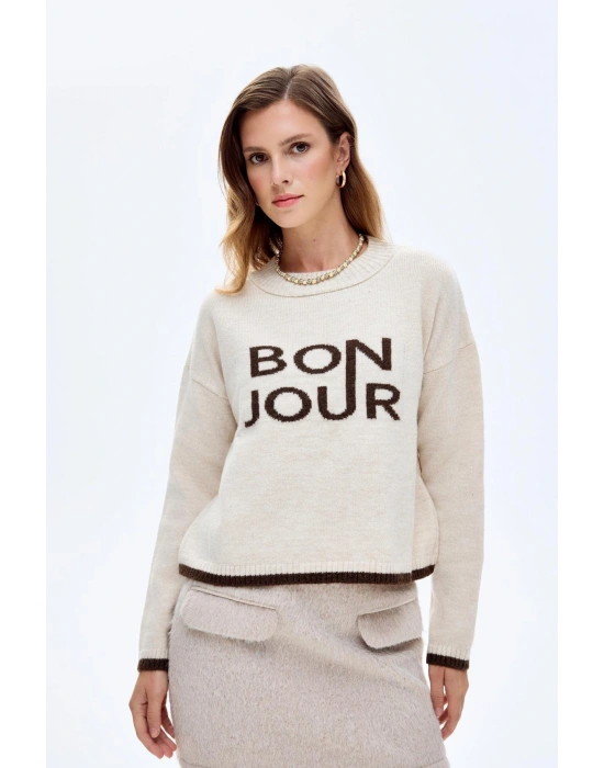 Bonjour Yazılı Bisiklet Yaka Triko Kazak Krem