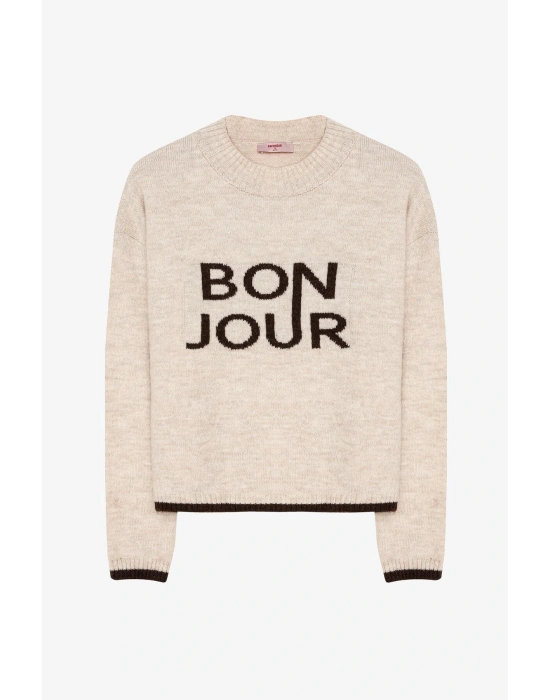Bonjour Yazılı Bisiklet Yaka Triko Kazak Krem