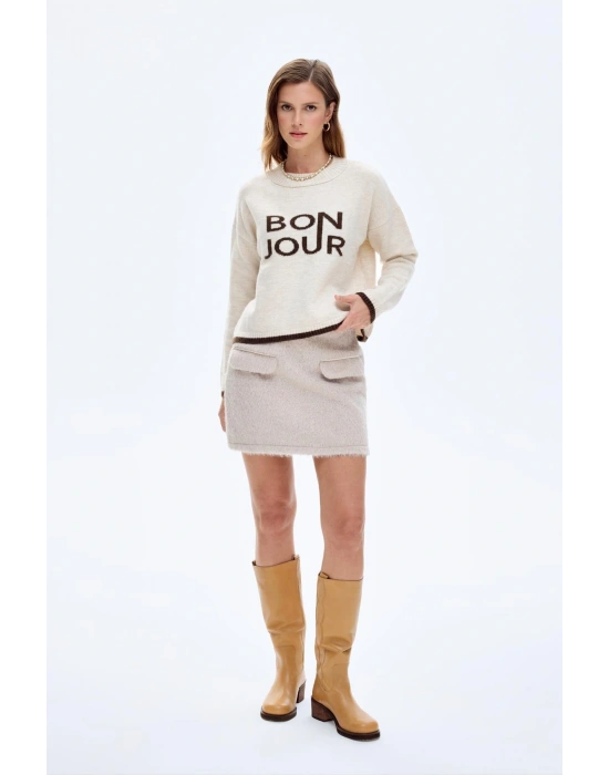 Bonjour Yazılı Bisiklet Yaka Triko Kazak Krem