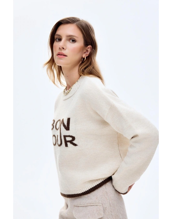 Bonjour Yazılı Bisiklet Yaka Triko Kazak Krem