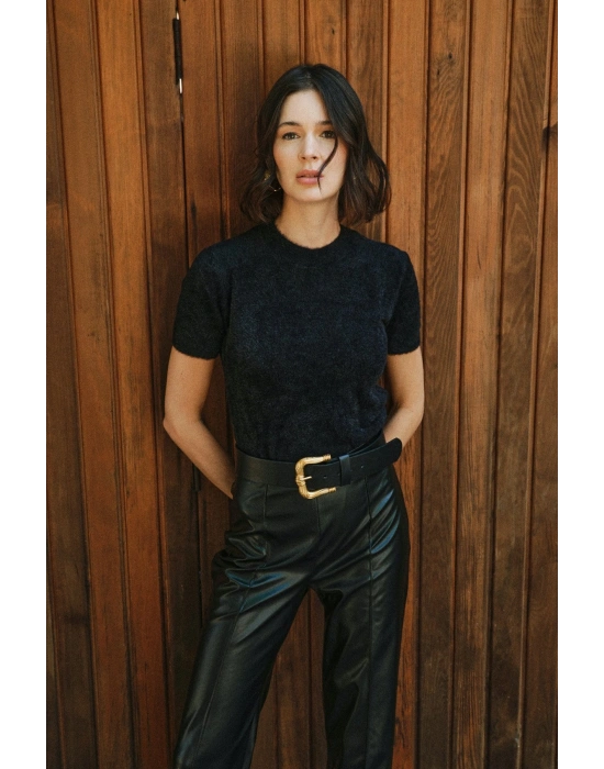 Sakallı Kısa Kol Triko - Siyah