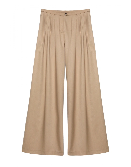 Pile Detaylı Yüksek Bel Pantolon Bej