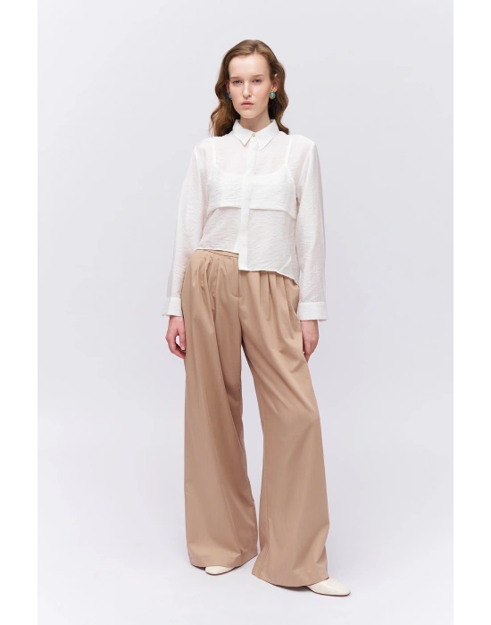 Pile Detaylı Yüksek Bel Pantolon Bej