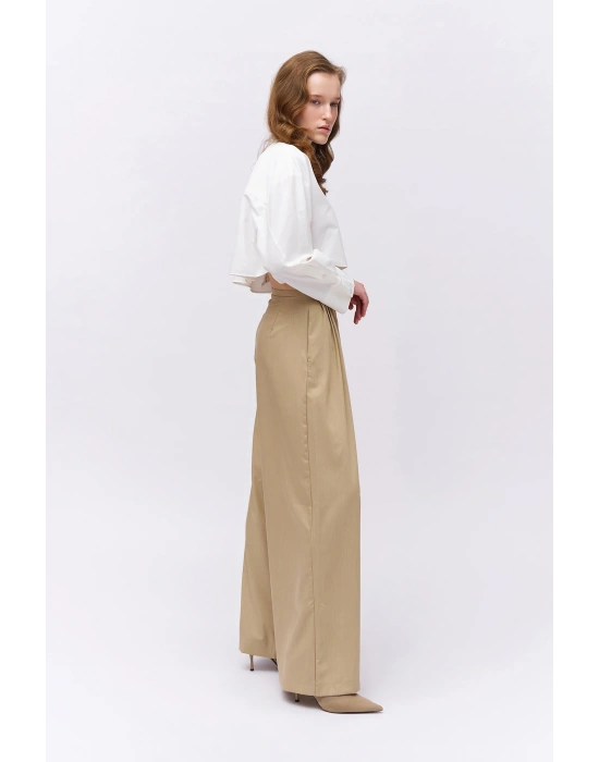 Pile Detaylı Yüksek Bel Pantolon Bej