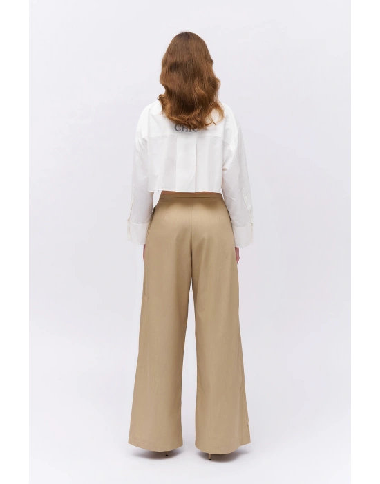Pile Detaylı Yüksek Bel Pantolon Bej