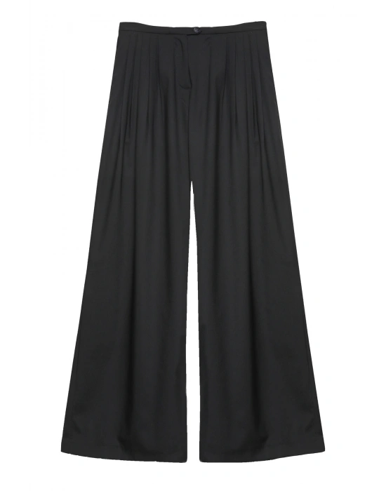 Pile Detaylı Yüksek Bel Pantolon Siyah