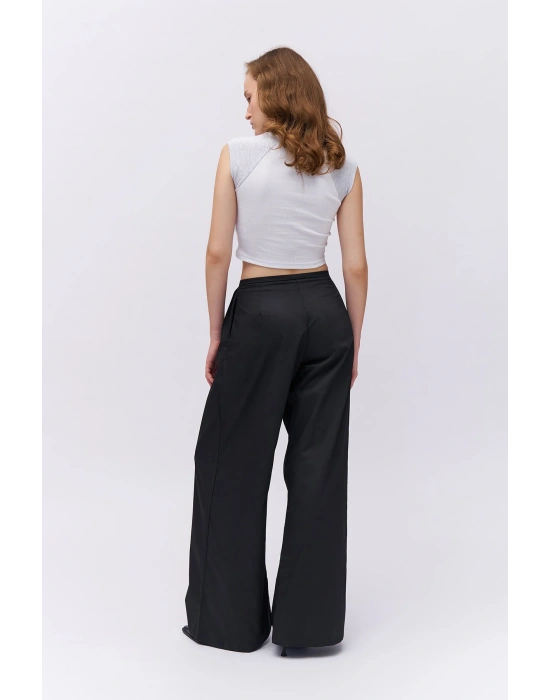 Pile Detaylı Yüksek Bel Pantolon Siyah