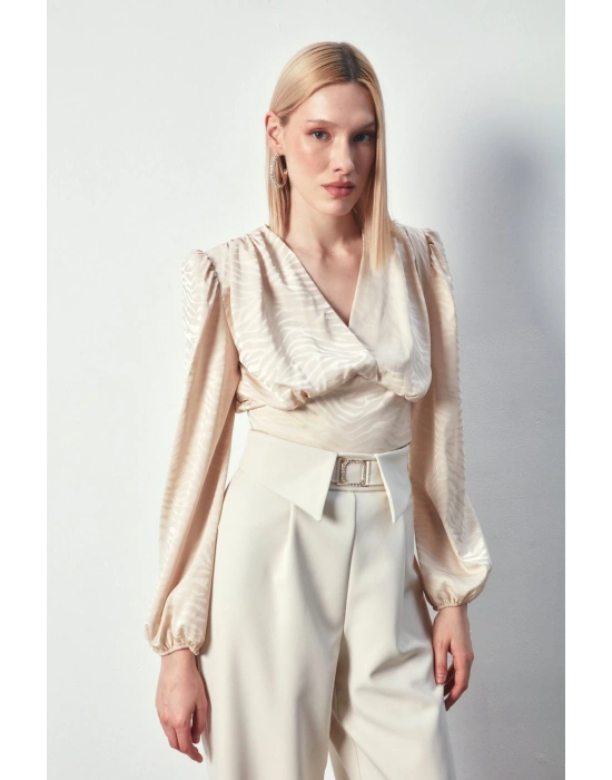 Desenli Kruvaze Saten Bluz - Bej