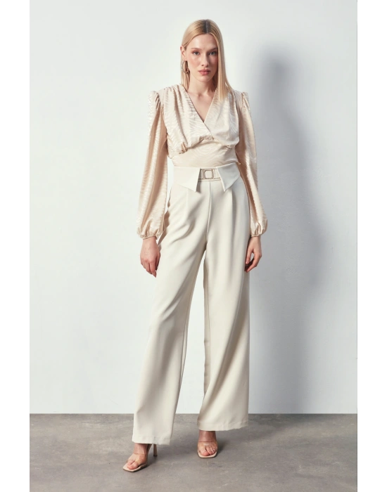 Desenli Kruvaze Saten Bluz - Bej