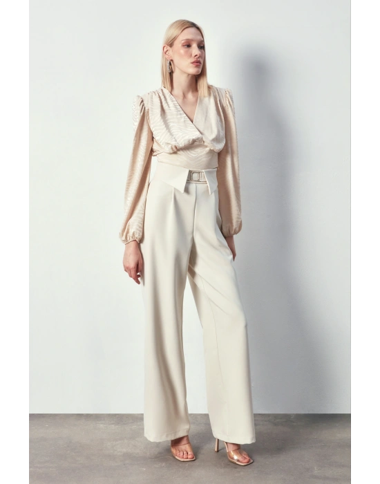 Desenli Kruvaze Saten Bluz - Bej