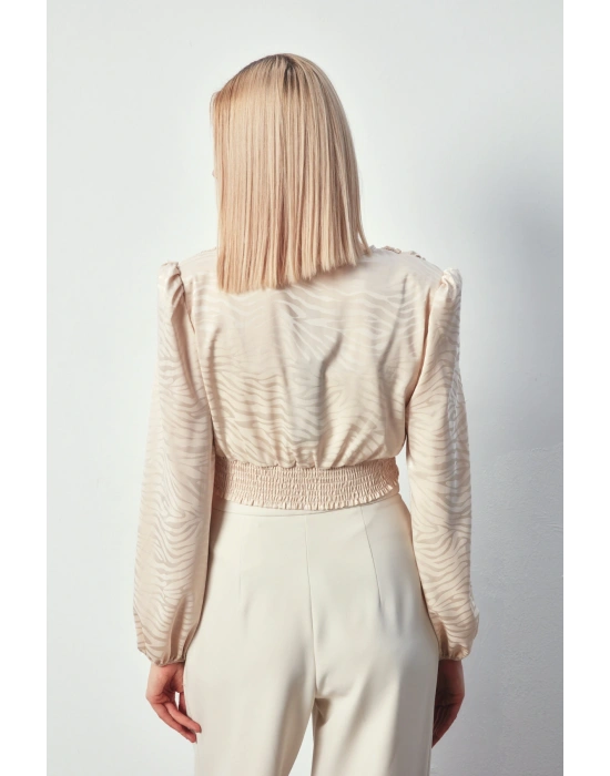 Desenli Kruvaze Saten Bluz - Bej