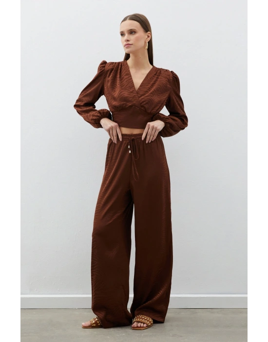 Desenli Kruvaze Saten Bluz - Kahve