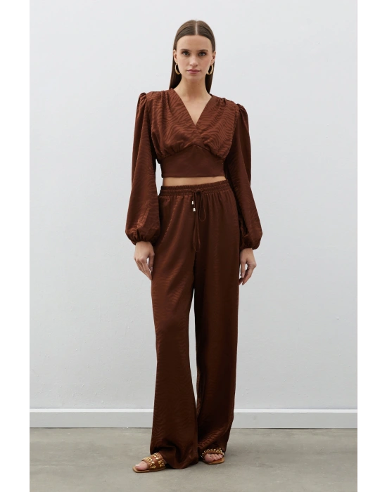 Desenli Kruvaze Saten Bluz - Kahve