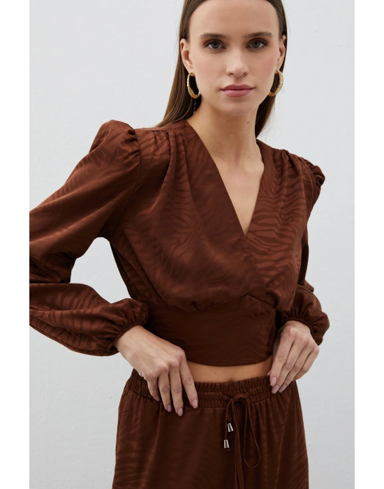 Desenli Kruvaze Saten Bluz - Kahve