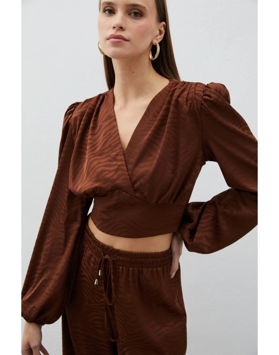 Desenli Kruvaze Saten Bluz - Kahve