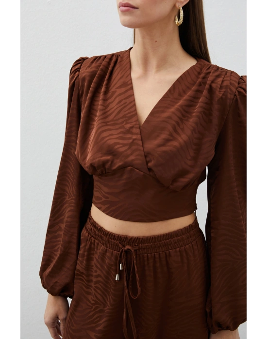 Desenli Kruvaze Saten Bluz - Kahve