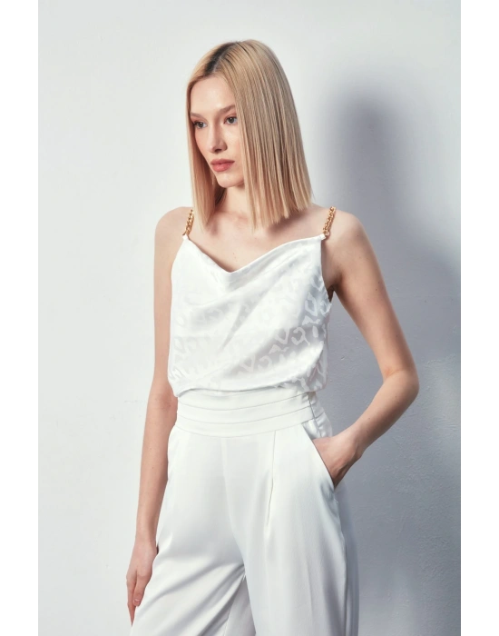 Zincir Askılı Saten Bluz - Ekru