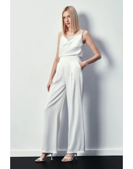 Zincir Askılı Saten Bluz - Ekru