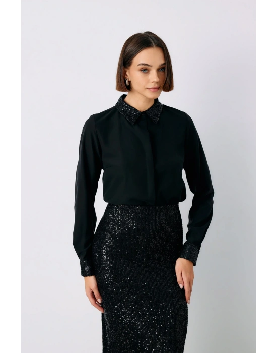 Payet Detaylı Klasik Gömlek - Siyah