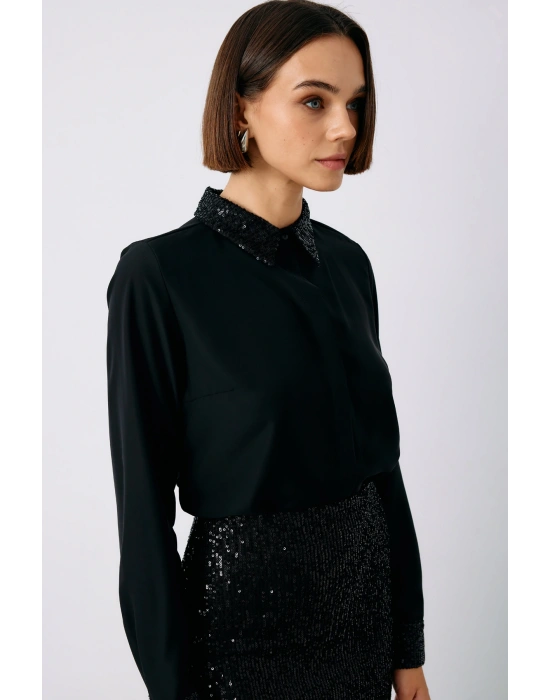 Payet Detaylı Klasik Gömlek - Siyah