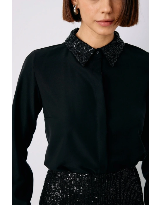 Payet Detaylı Klasik Gömlek - Siyah