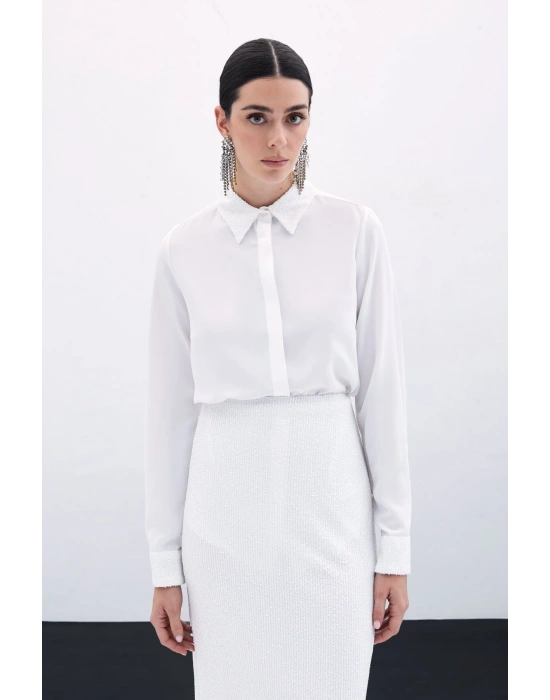 Payet Detaylı Klasik Gömlek - Ekru