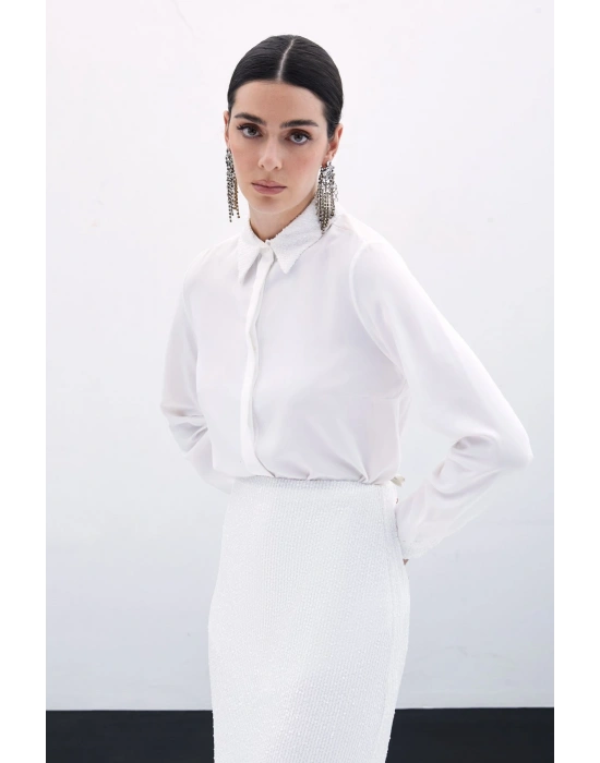 Payet Detaylı Klasik Gömlek - Ekru