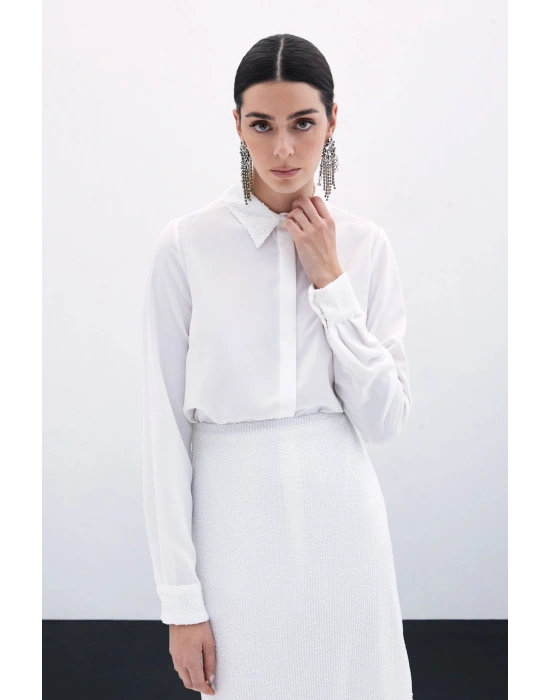 Payet Detaylı Klasik Gömlek - Ekru