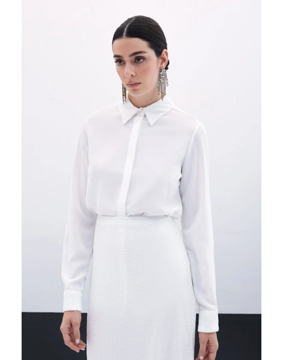 Payet Detaylı Klasik Gömlek - Ekru