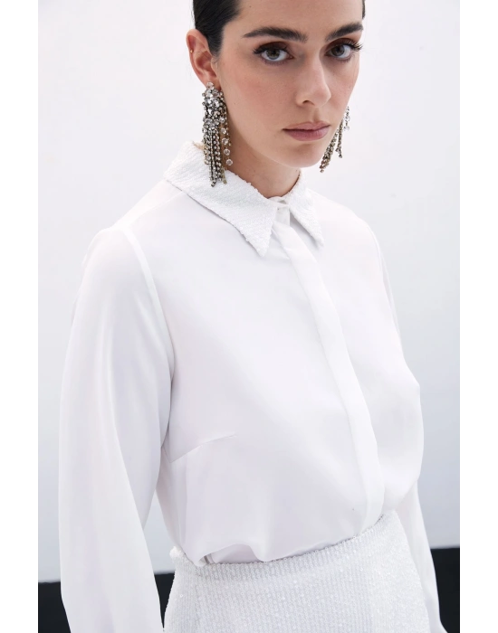 Payet Detaylı Klasik Gömlek - Ekru
