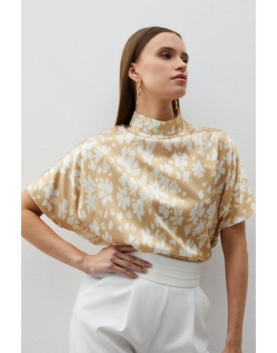 Dik Yaka Desenli Salaş Bluz - Kahve