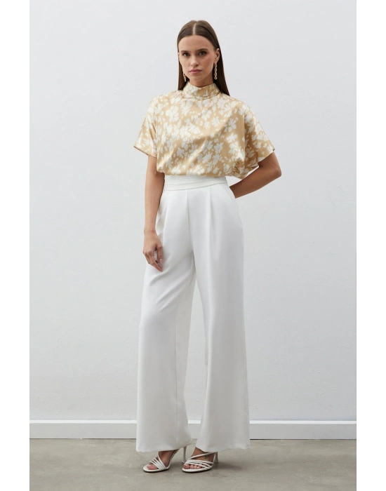 Dik Yaka Desenli Salaş Bluz - Kahve