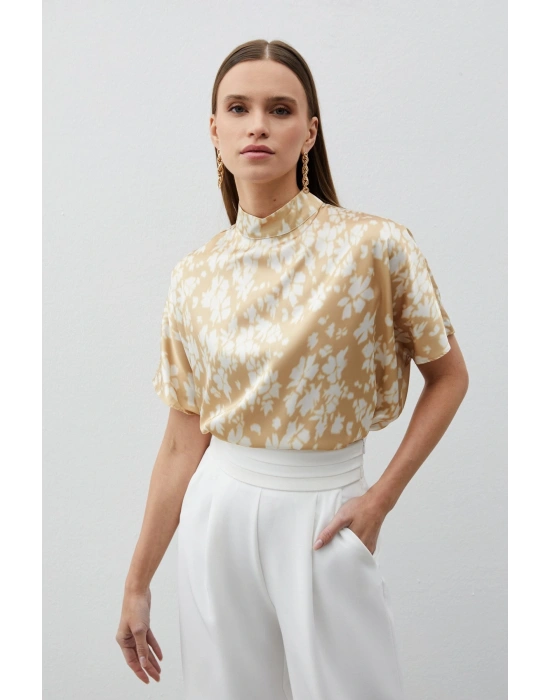 Dik Yaka Desenli Salaş Bluz - Kahve
