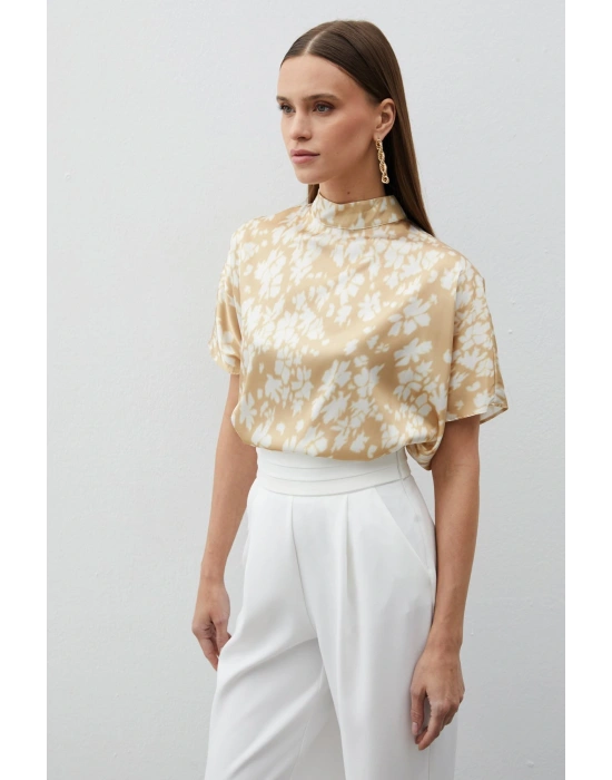 Dik Yaka Desenli Salaş Bluz - Kahve