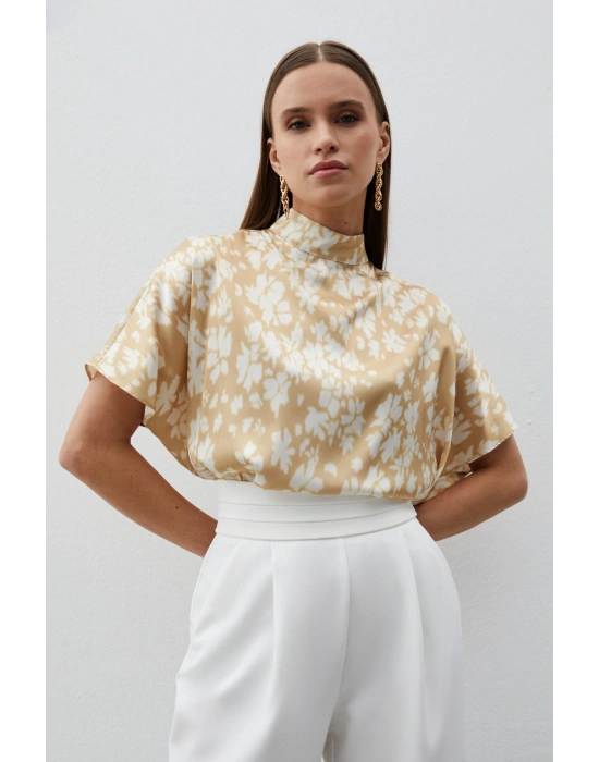 Dik Yaka Desenli Salaş Bluz - Kahve