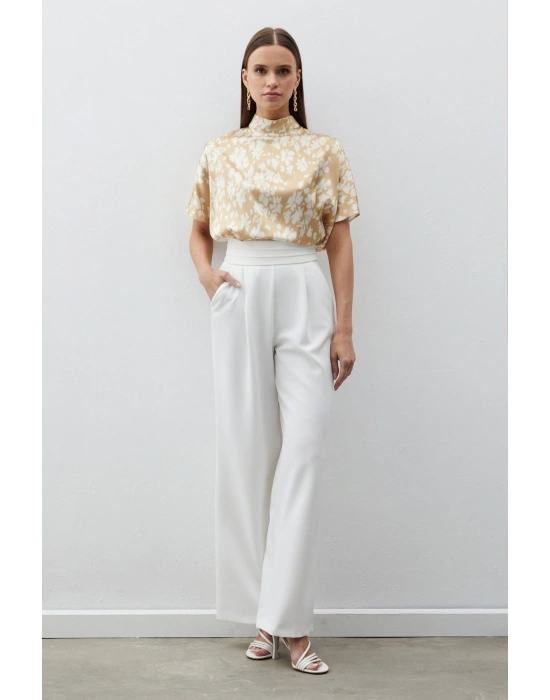 Dik Yaka Desenli Salaş Bluz - Kahve