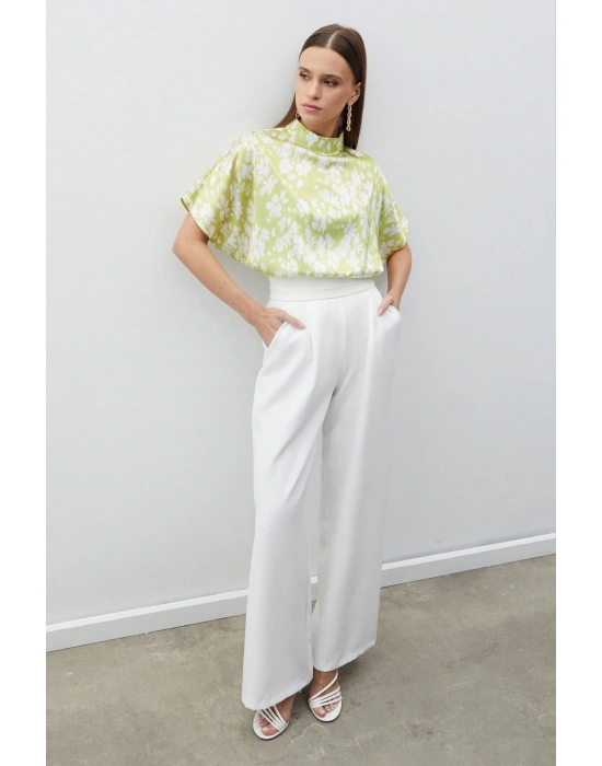 Dik Yaka Desenli Salaş Bluz - YAĞ YEŞİLİ