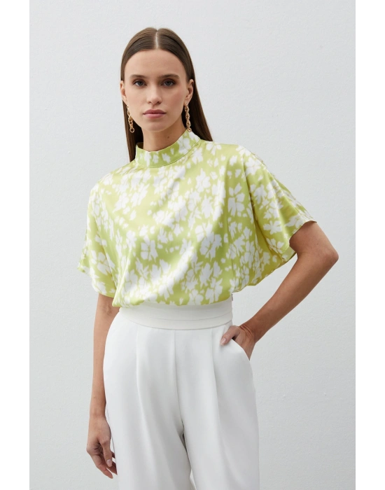 Dik Yaka Desenli Salaş Bluz - YAĞ YEŞİLİ