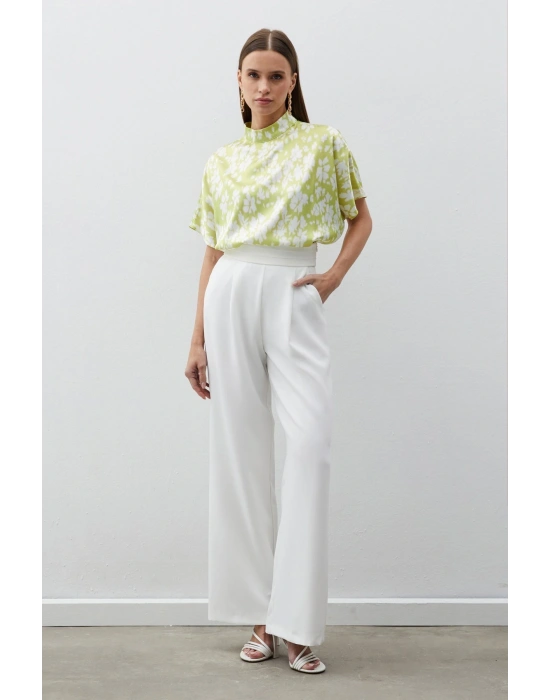 Dik Yaka Desenli Salaş Bluz - YAĞ YEŞİLİ