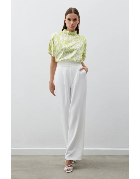 Dik Yaka Desenli Salaş Bluz - YAĞ YEŞİLİ