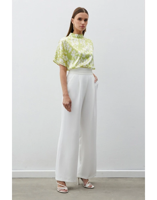 Dik Yaka Desenli Salaş Bluz - YAĞ YEŞİLİ