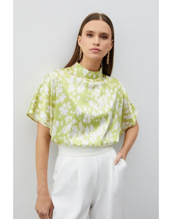 Dik Yaka Desenli Salaş Bluz - YAĞ YEŞİLİ