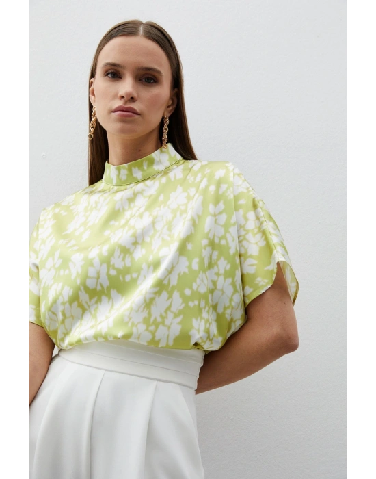 Dik Yaka Desenli Salaş Bluz - YAĞ YEŞİLİ