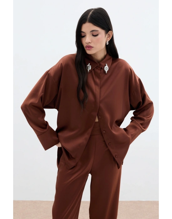 Aksesuar Detaylı Gömlek - Kahve