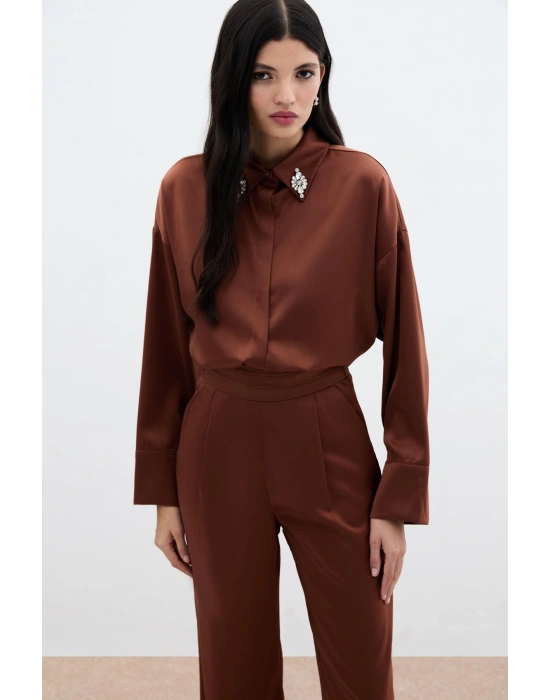Aksesuar Detaylı Gömlek - Kahve