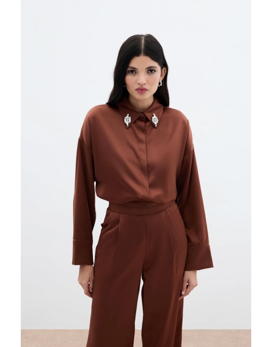 Aksesuar Detaylı Gömlek - Kahve